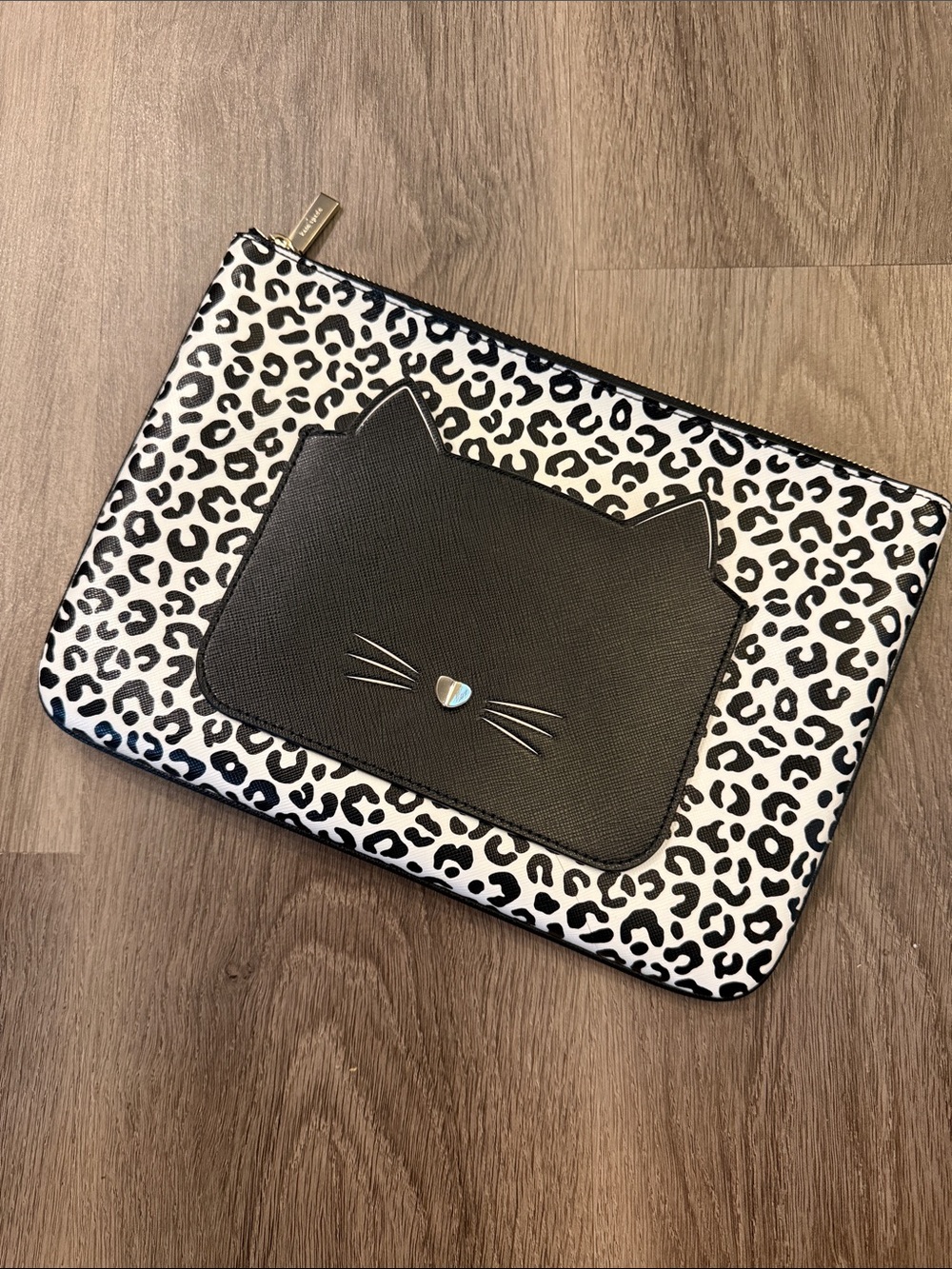 Kate Spade Black & White Leopard Cat Pouch – Cute Cat Face Zip Clutch